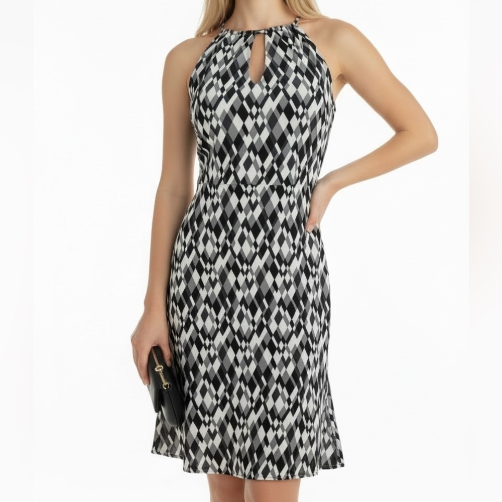 Xhiliration Y2k Black & Gray Geometric Halter Mesh Mini Dress | Size Xl